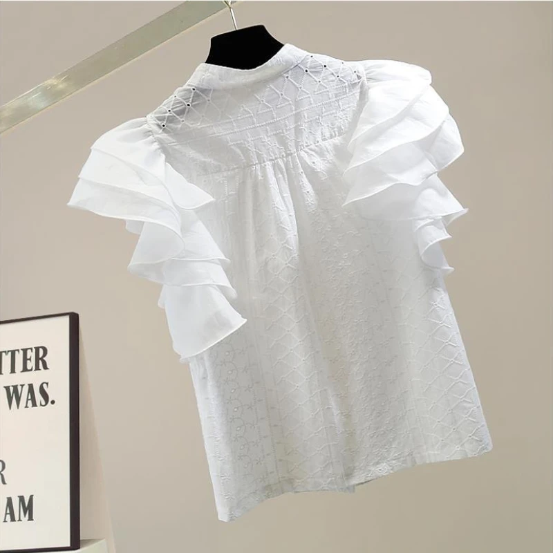 Ruffle Flying Sleeve Stand Collar Woman Shirt Summer 2024 Vintage Elegant Loose Casual Women Blouse Design Blusas Mujer Moda