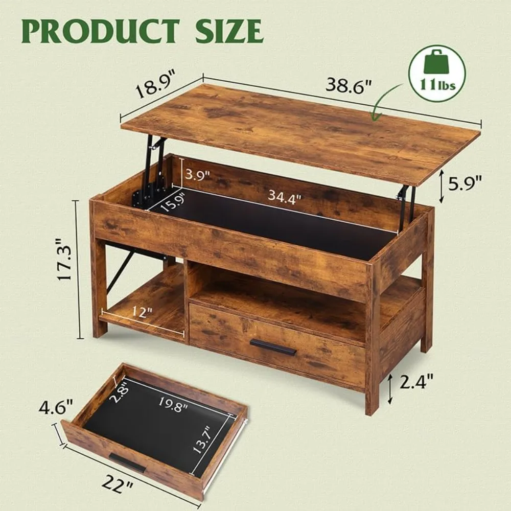 Lift Top Coffee Table, 39 Coffee Table with Storage Drawers, Hidden Compartment, Wooden Lift Tabletop Center Table for Liv