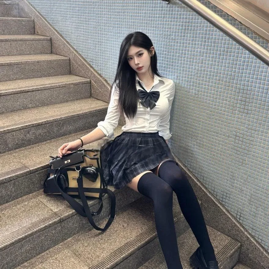 plus Size Women's Shirt And Skirt Set High Waist Long Sleeve White Slimming Summer Outfit JK Uniform Fashionable School Girl