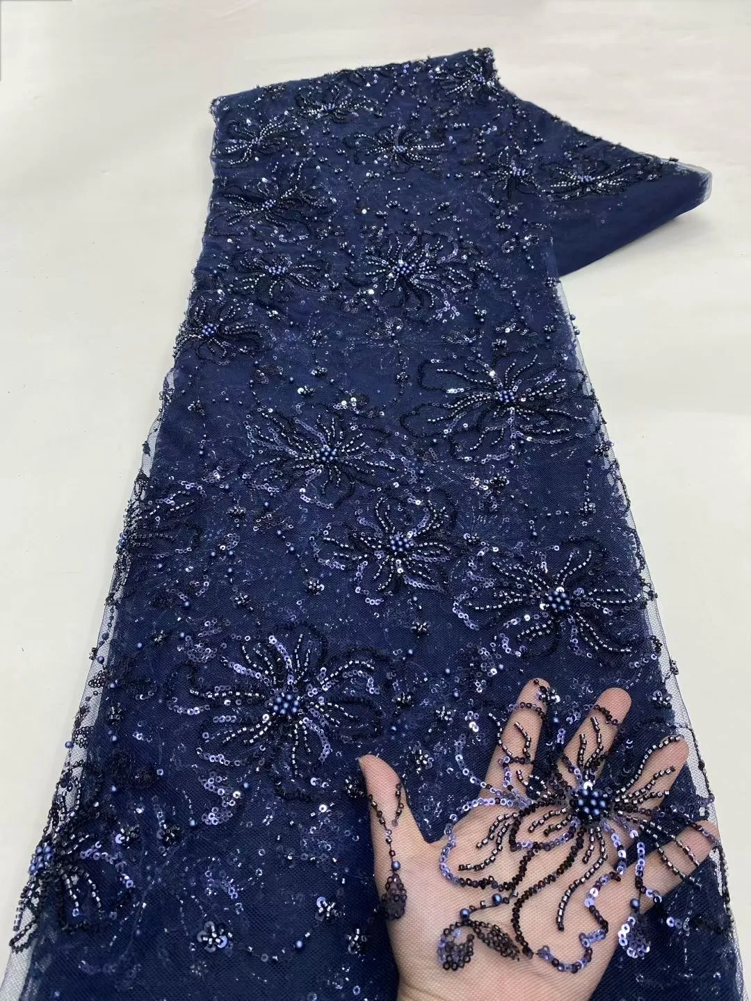 Teal Green 5 Yards Sequins African Lace Fabric 2026 French Embroidery High Quality Luxury Heavy Beaded Bridal Wedding Lace