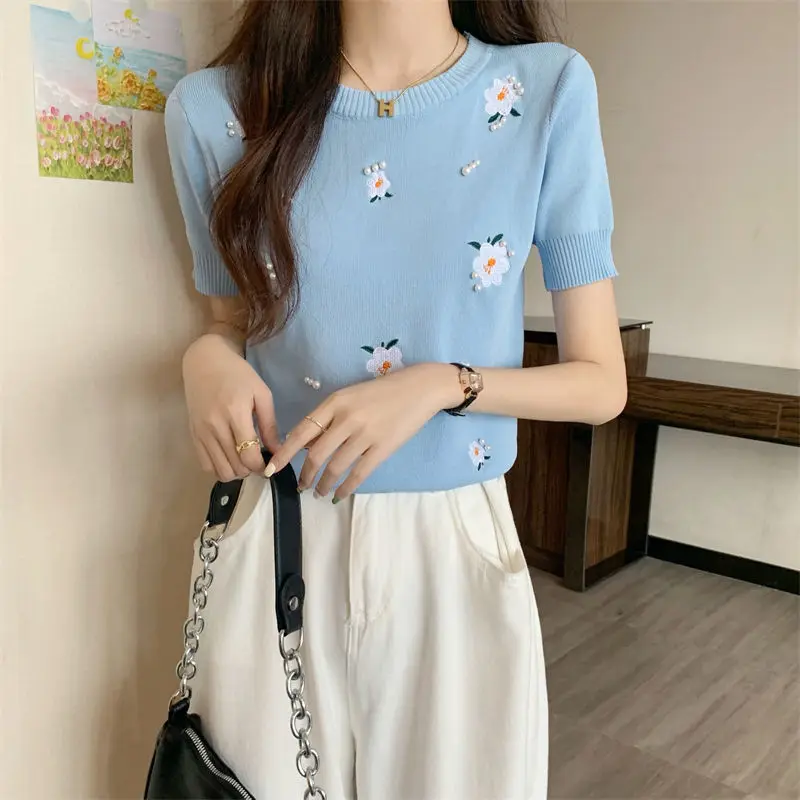 

Summer Women's Ice Silk Beads Flowers Round Neck Top Pullovers
