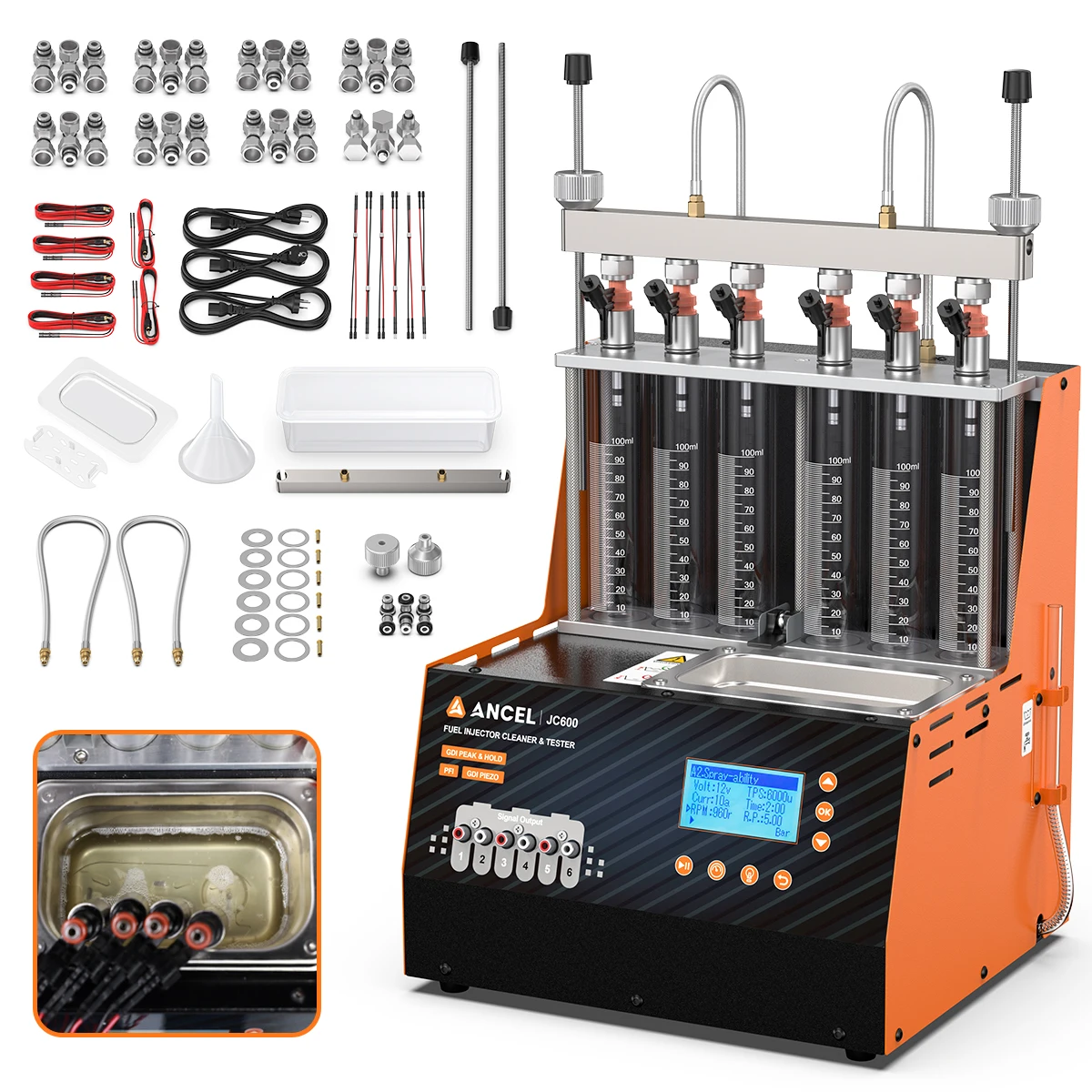 

ANCEL JC600 Automotive Injector Cleaning 6-Cylinder Injector Nozzle Cleaning Machine for All PFI GDI Piezo Car Moto Injector