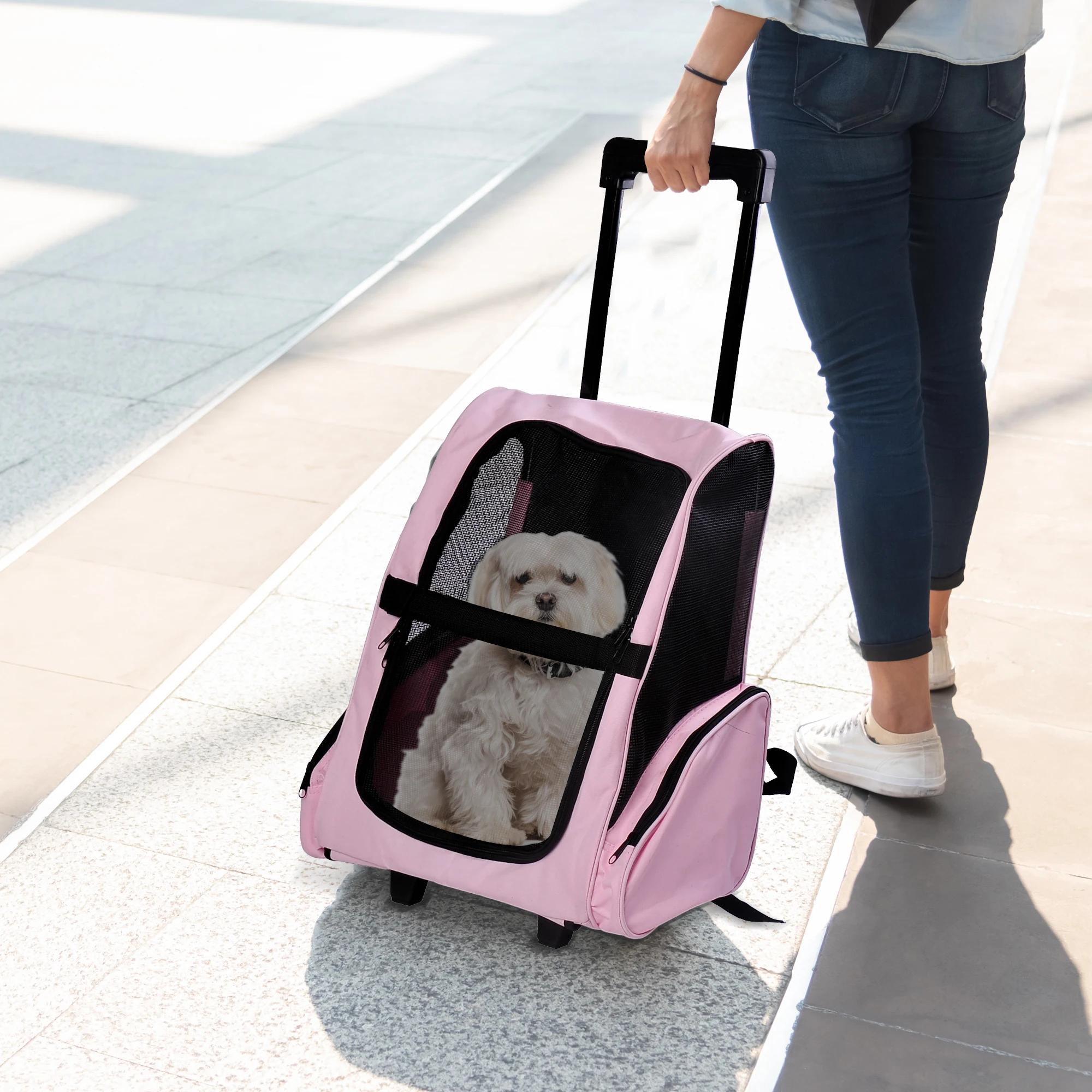 PawHut Trasportino Zaino 2 in 1 per Cani e Gatti con Tasche Laterali, Maniglia Telescopica e Ruote, 42x25x55cm