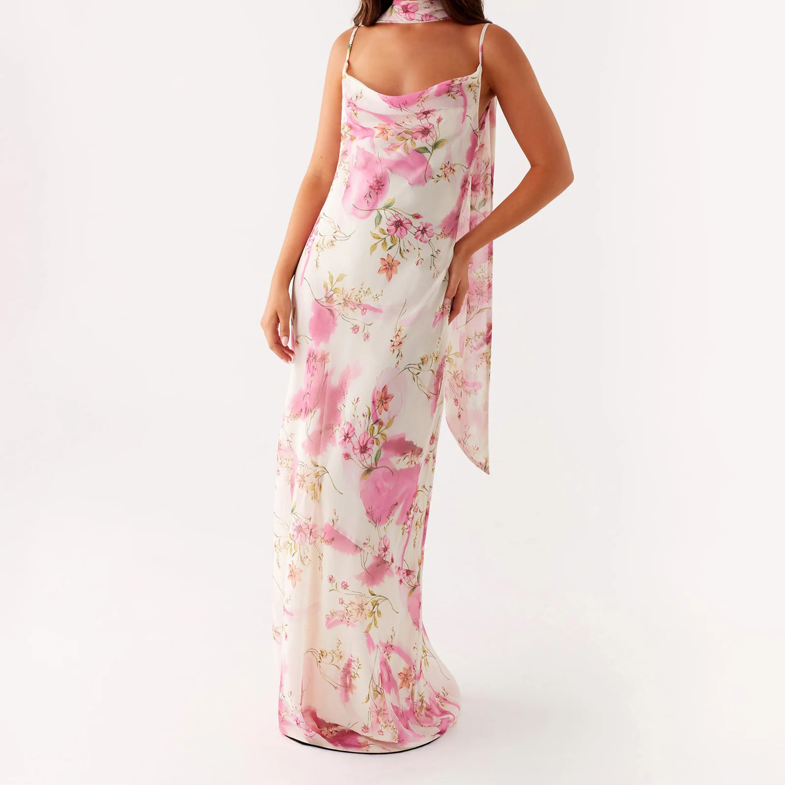 Combhasaki Women Elegant Floral Print Adjustable Thin Spaghetti Strap Sleeveless Summer Casual Cami Long Dress with Choker Scarf