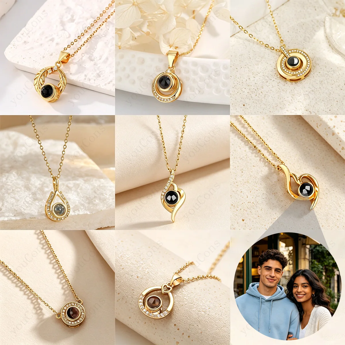 

Color Picture Custom Projection Geometric Pendant Necklace Stainless Steel Chain Valentine's Mother's Day Retro Multi Style New