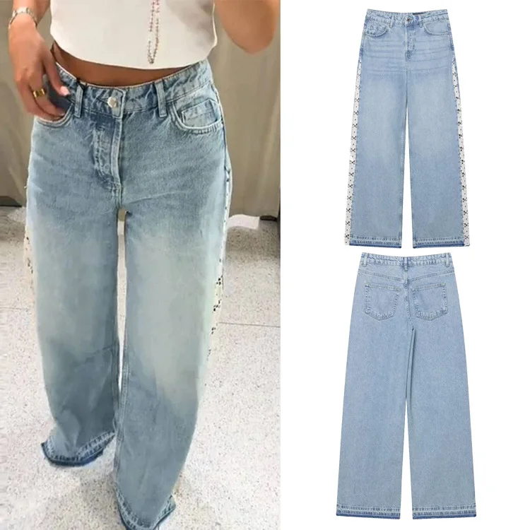 ハイウエストワイドレッグウォッシュドブルーパンツ レディース レースホローアウトパッチワークジーンズパンツ ロングトラウザーズ レディース 秋 ヴィンテージデニムパンツ