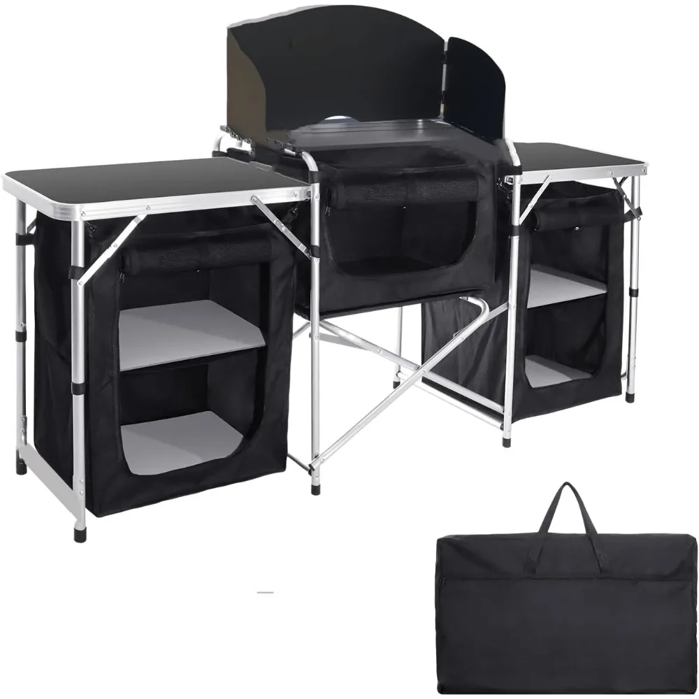 

Portable Kitchen Camping Table with Storage Aluminum Picnic Table Folding Table Outdoor Cooking Station
