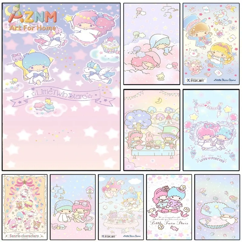 Little Twin Stars Canvas Wall Art Sanrio Cute Kawaii Poster Unframed Canvas Painting For Girls Bedroom Decor Cartoon Room Decora