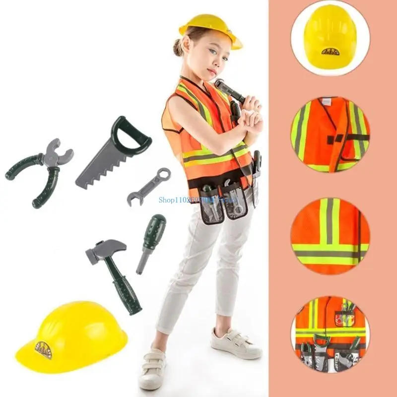 N7YF 건설 노동자 조끼 모자 도구 드레스 업 할로윈 건설 노동자 의상