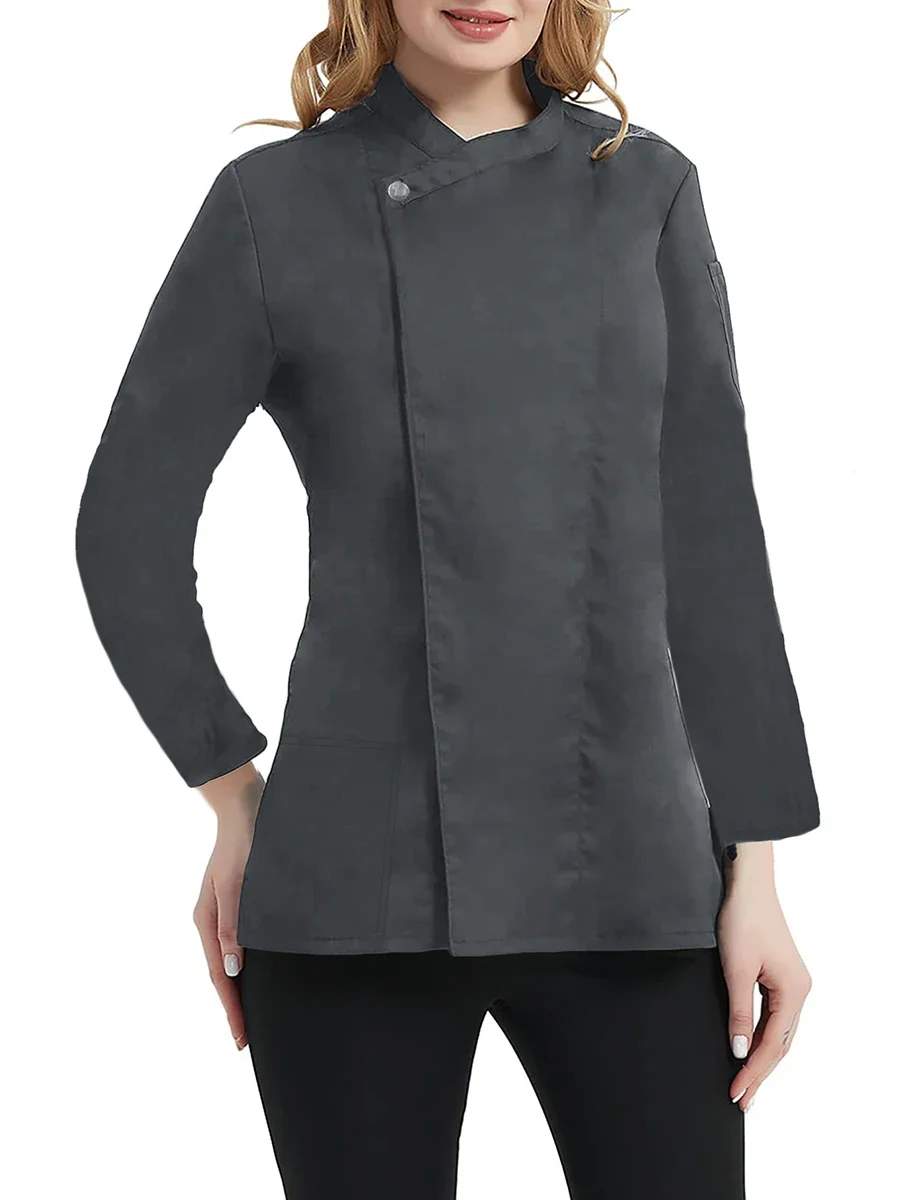 Solid Chef Jacket Long Sleeve Asymmetric Collar Professional Restaurant Uniform Breathable Bakery Waitress Workwear for Women