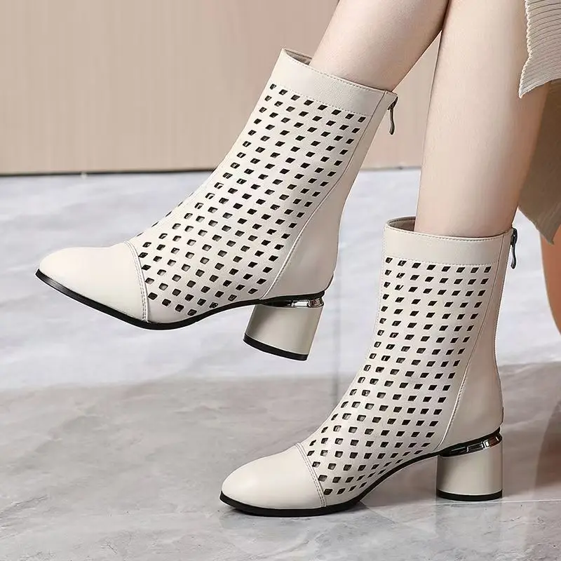 

Women's Genuine Leather Hollow Out Ankle Boots Block Heel Round Toe Non Slip Breathable Big Size High Top Zippers Cool Boots