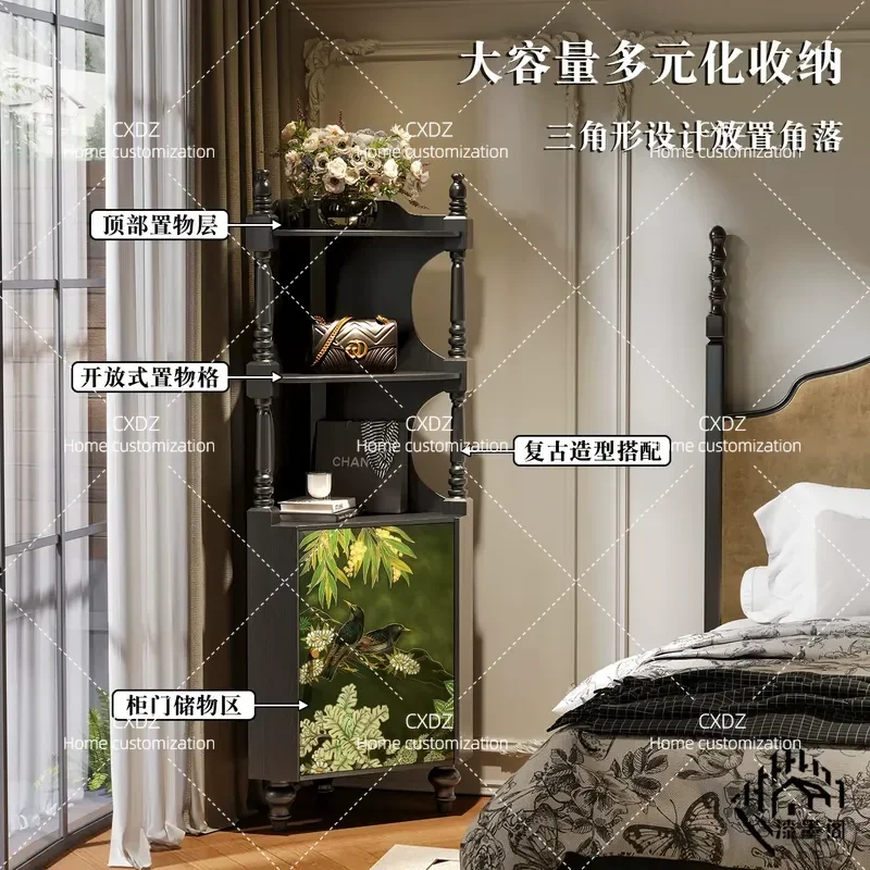 Medieval Flower Bird Pattern Solid Wood Triangular Corner Cabinet Retro Living Room Storage Side Cabinet Household Decor
