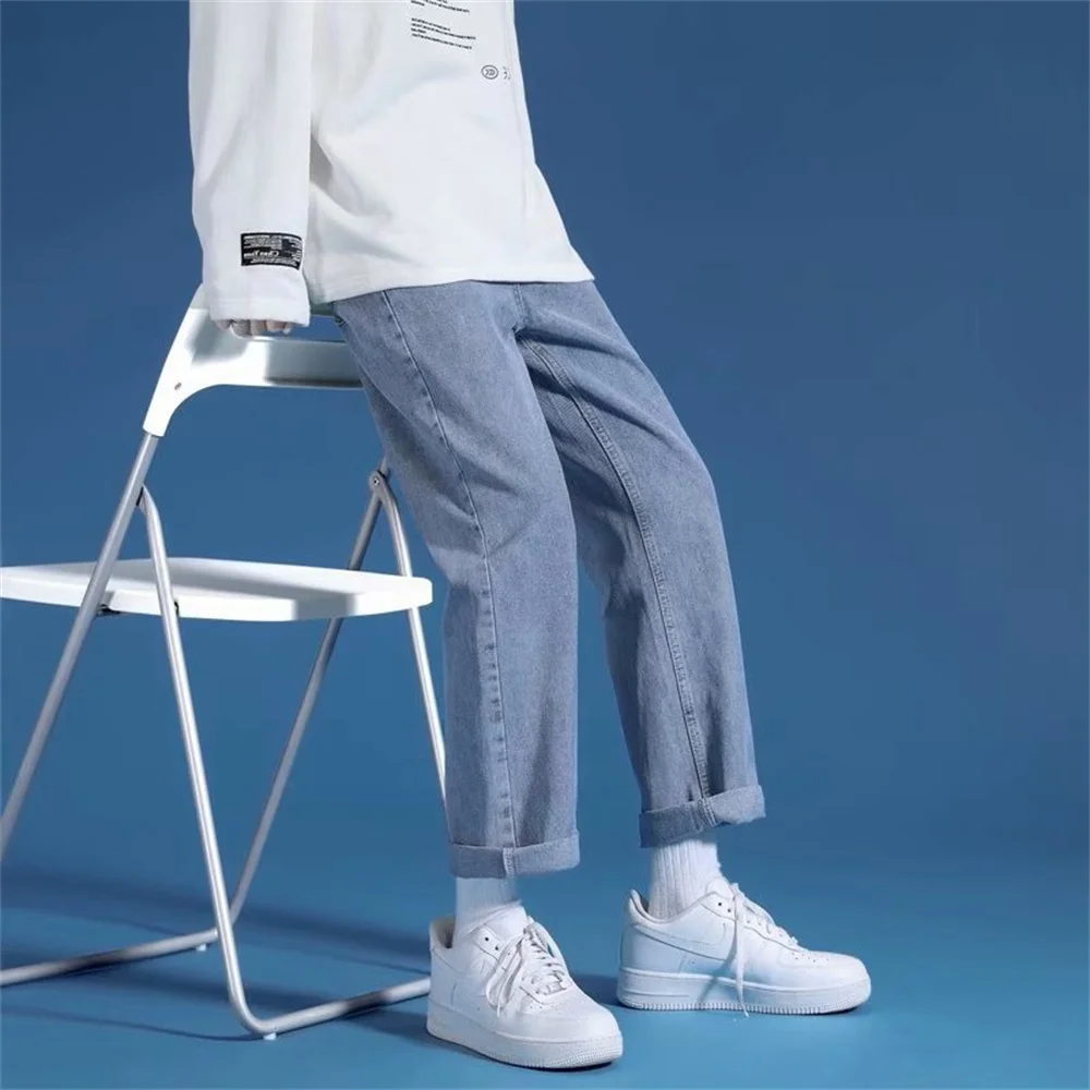 스트레이트 진 남성 와이드 팬츠 힙합 루즈 데님 트라우저 스트릿웨어 남성 캐주얼 솔리드 컬러 와이드 청바지 남성 바지 스트릿 스타일