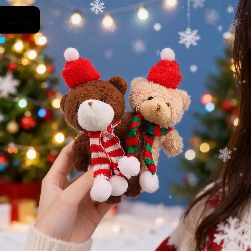 Christmas Mini Lovely Bear Plush Doll Keychain With Knit Hat Scarf Xmas Tree Ornament Bouquet Cake Decor Holiday Party Decor