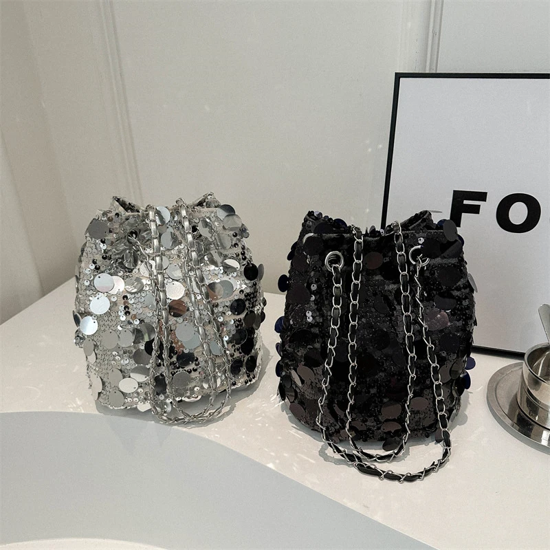 Fashion Trend Sequin Chain Single Shoulder Crossbody Bag Large Capacity Bucket Bag