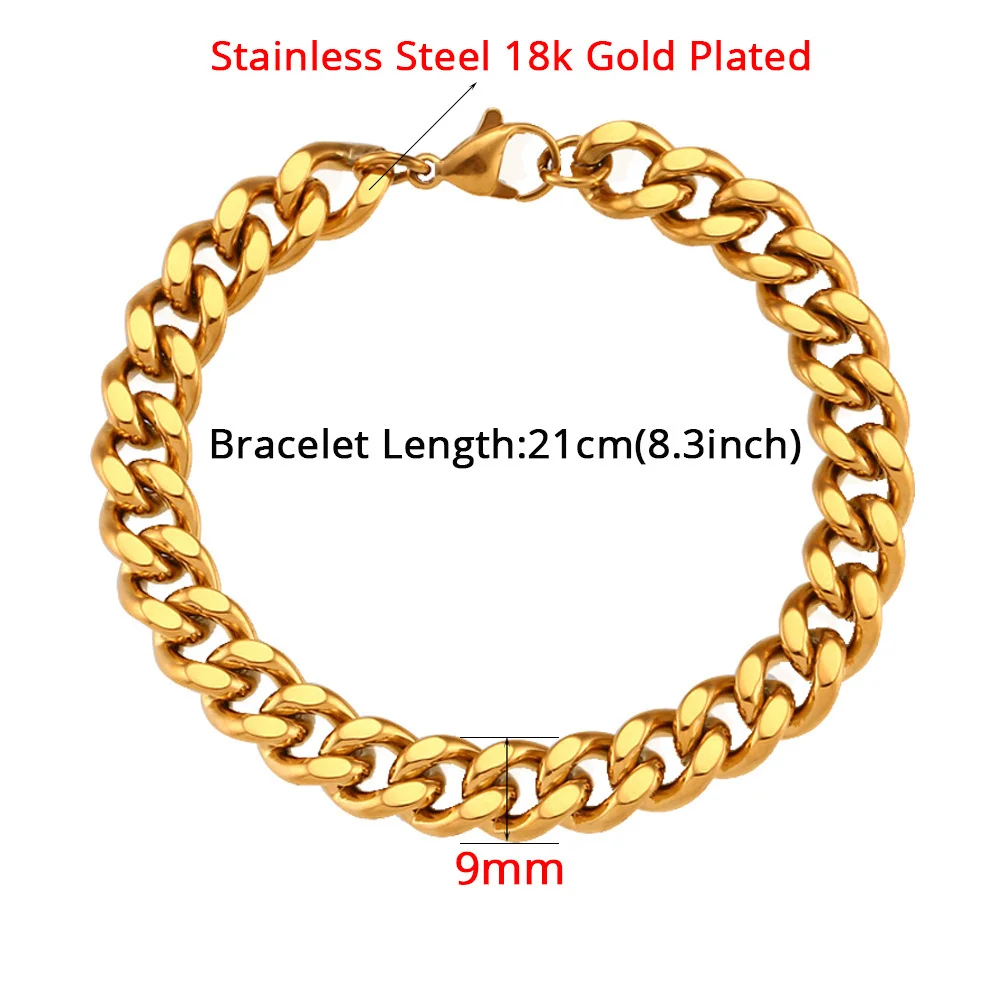 Gold Color Stainless Steel 9mm Thick Cuban Link Chain Bracelets Necklace For Women Men Fashion Party Wedding Jewelry Sets Gift