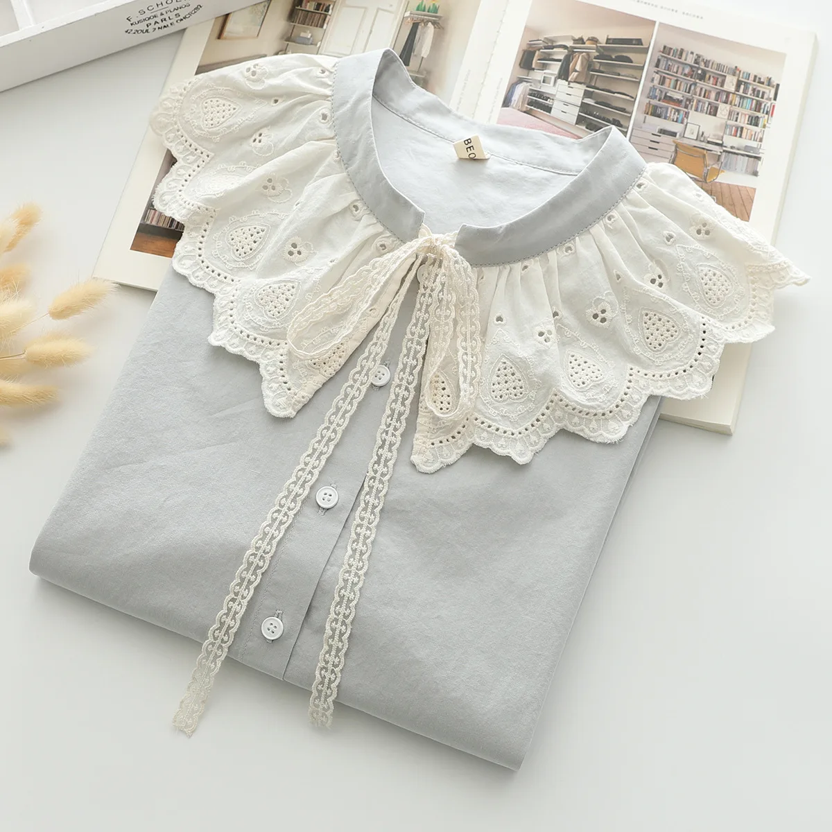 New Summer Cotton Short Sleeve Shirt Lace Stand Tops Girl Casual Vintage Chic Loose Commute Sweet Blouse 2024 Autumn T46979QC