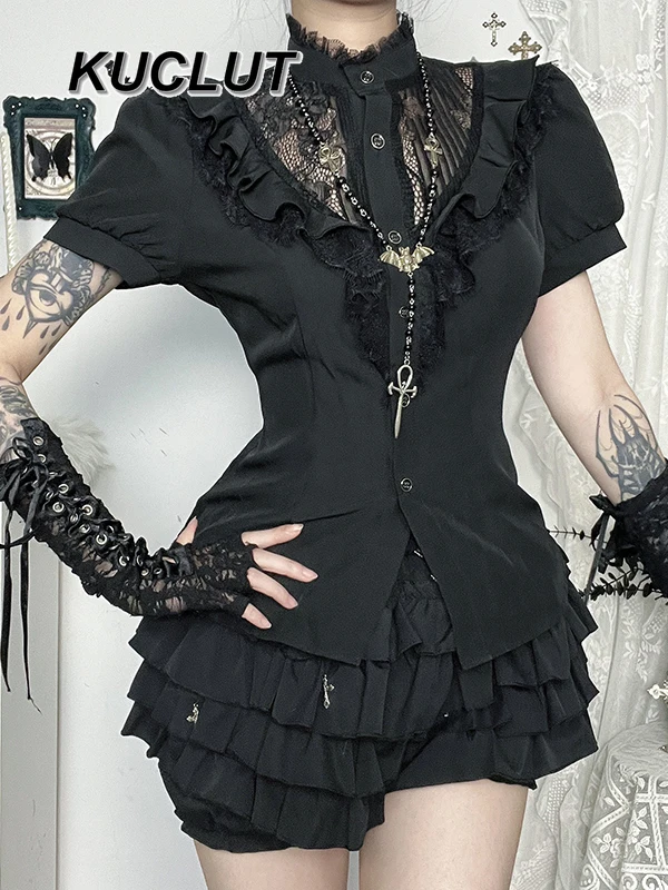 

Summer Casual Suit Y2k Style Gothic Subculture Short Sleeve Shirt and High Waist Fluffy Skirt Set Fashion 2 Piece Sets Women