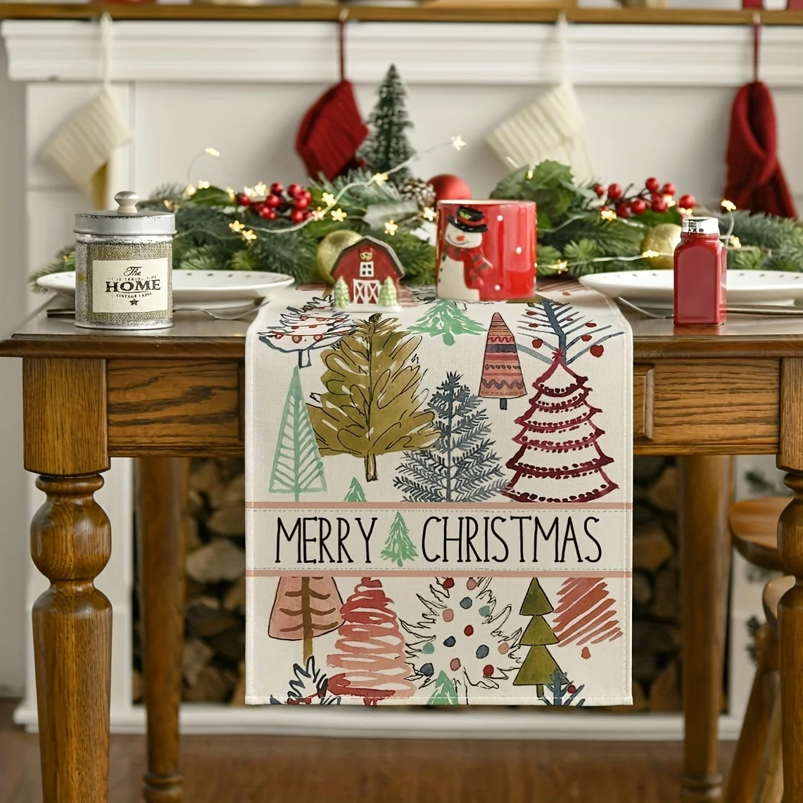 Christmas Tree Print Table Runner, All-Season Versatile, Perfect for Christmas Dining Table Decoration