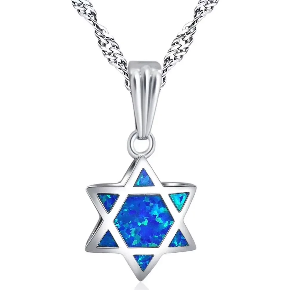 Interesting Double Side Judaica Jewish Star of David Chai Hebrew Blue & White Fire Opal Pendant Necklace Jewelry for Gift