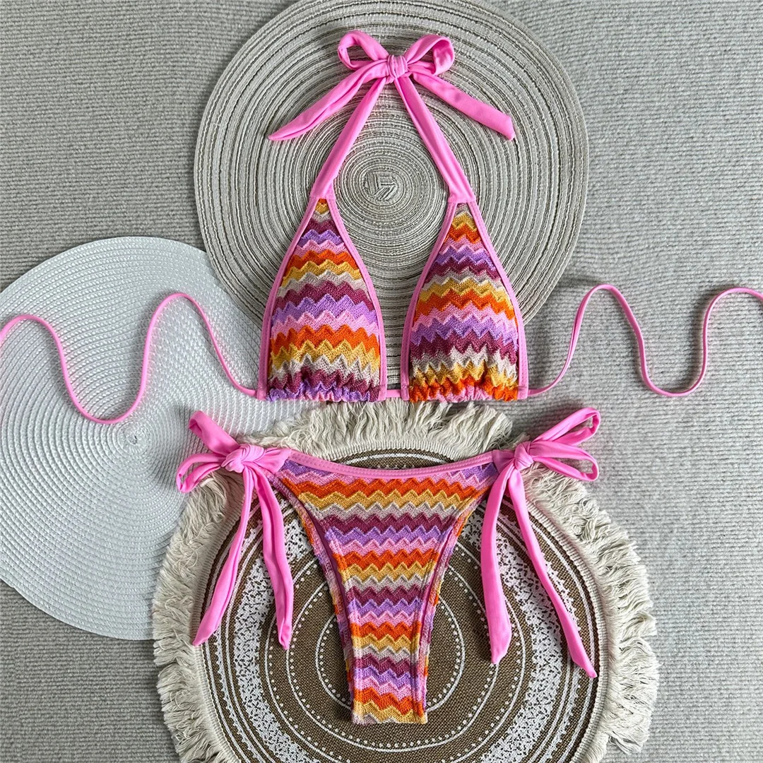 Gestreiftes zweiteiliges Bikini-Set, Neckholder-Bikini, Damen-Badebekleidung, gepolsterter Badeanzug mit hohem Beinausschnitt, Badeanzug, Schwimmbekleidung V7826 – Detail 11