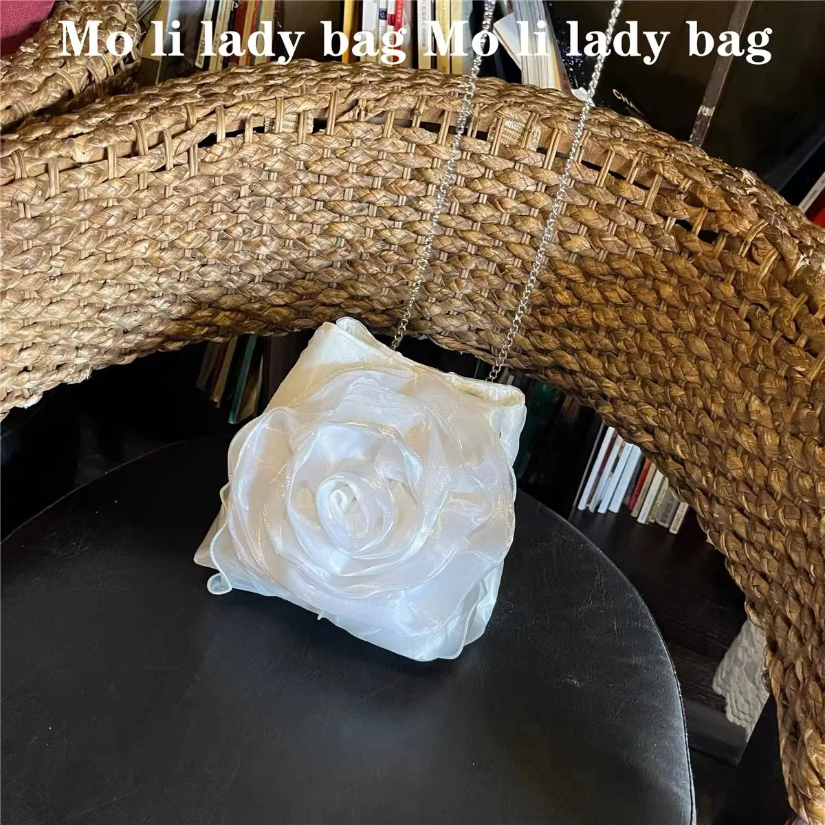 Solid White Rose Floral Bucket Bag Women Fashion Handbag Luxury Evening Bag Wedding Party Clutch Purse Female Shoulder Bag