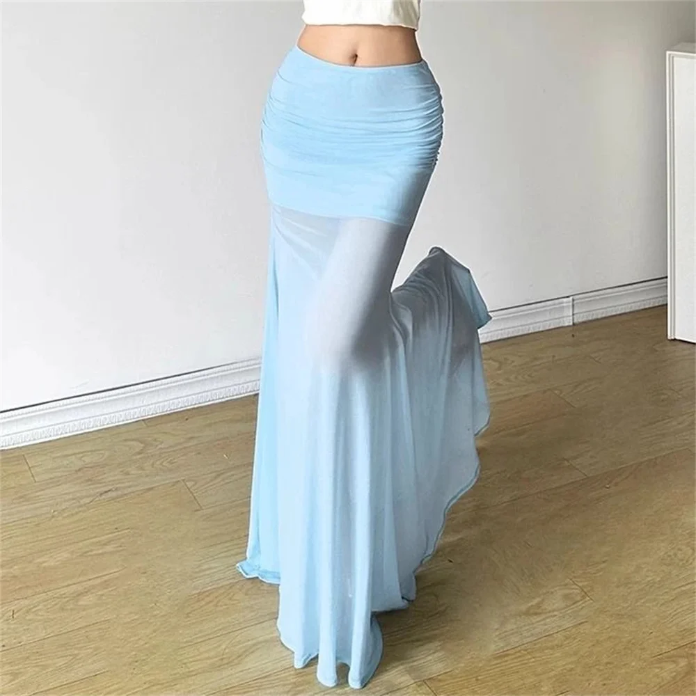 Tulle Mermaid Skirts Blue Transparent Party Long Dress Bodycon Skirt Women Elegant Female Cute Kawaii Oufits Y2k High Waist Saia