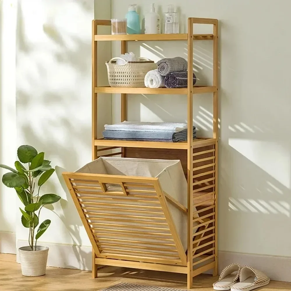 Laundry Hamper with Shelf With Tilt Out Basket 3/4 Tier Wooden Storage Hamper Bathroom Rack Multi-function Bamboo Laundry Basket