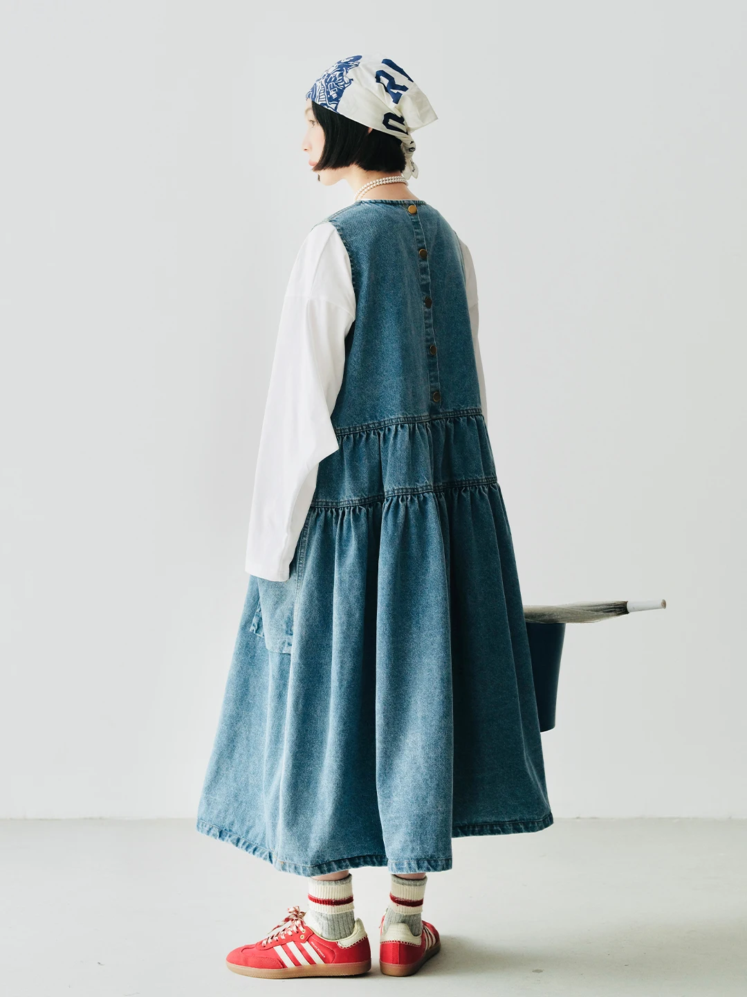 imakokoni 2024 autumn collection heavyweight washed pure cotton loose washed denim A-line vest skirt 244748