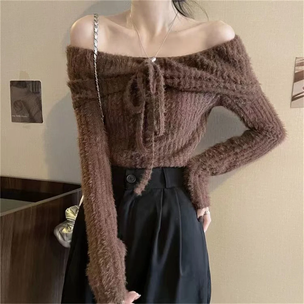 

Сексуальный свитер с открытыми плечами для девочек, новый вязаный свитер высокого качества, короткие топы, весенне-осенние вязаные пуловеры