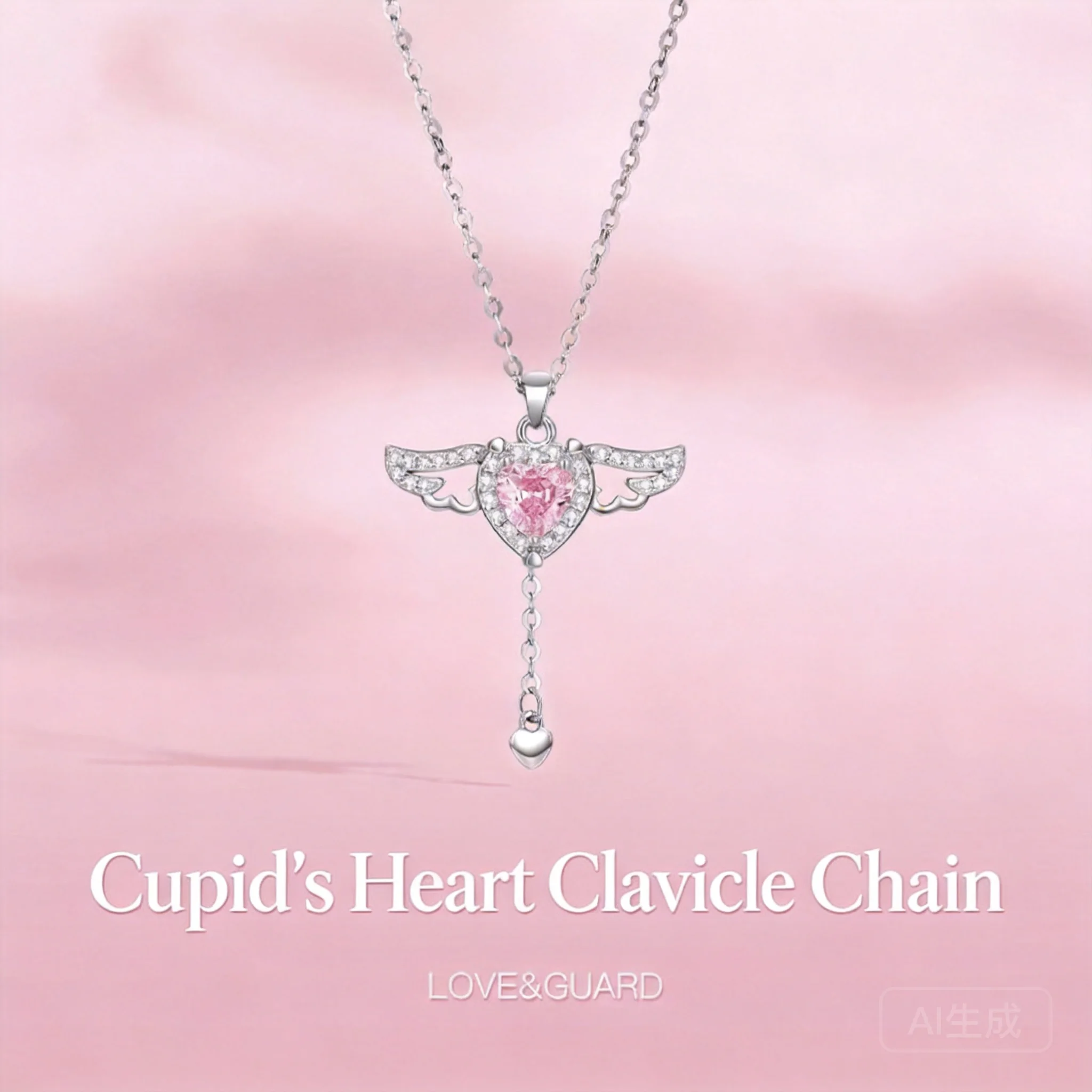 Cupid Heart Pendant Necklace For Women Movable Wings Pink Cubic Zirconia Tassel Clavicle Chain Lucky Romantic Love Jewelry For