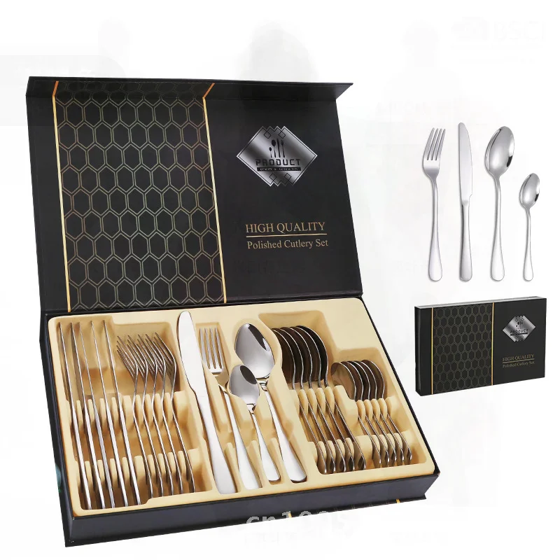 

Набор столовых приборов из нержавеющей стали из 24 предметов - нож, вилка, ложка, ложки, современная минималистичная подарочная коробка для посуды в комплекте