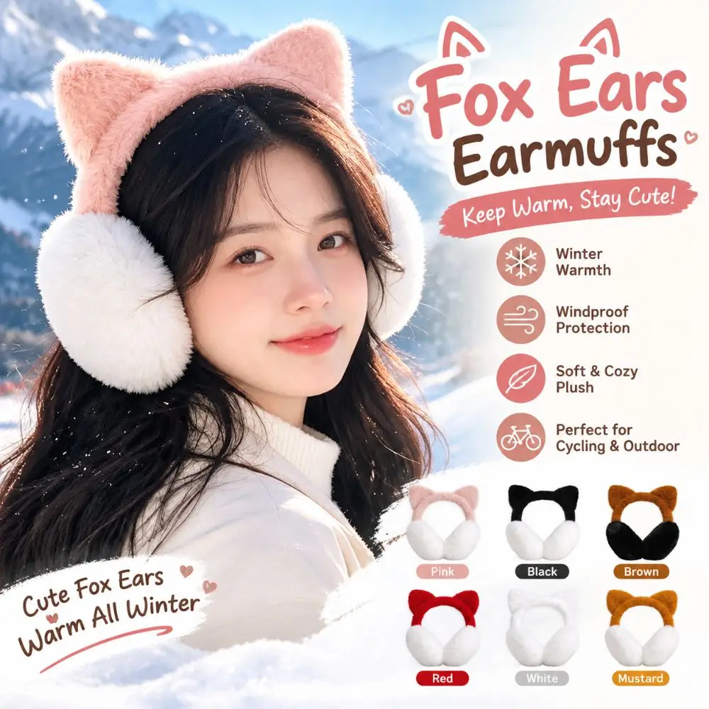 Fashion Cute Fox Ears Design Warm Ear Muffs Thickened Foldable Fox Earmuffs Cartoon Pattern Ear Cover Women Girls