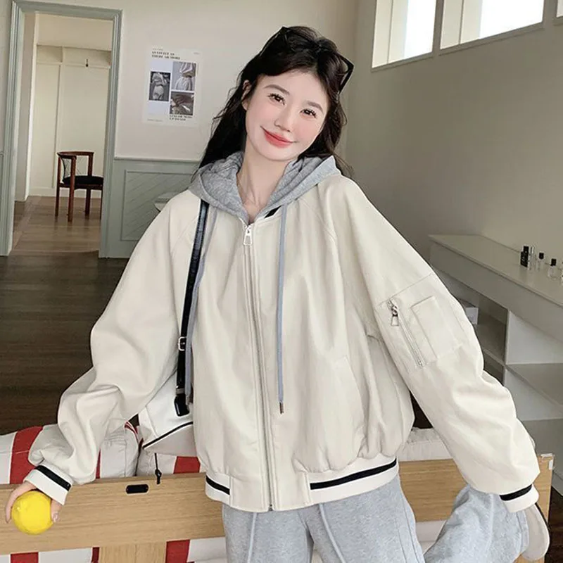 

Off-white women's fake two-piece hooded coat 2026 spring new Female Korean college wind Jacket casual fashion short Overwear