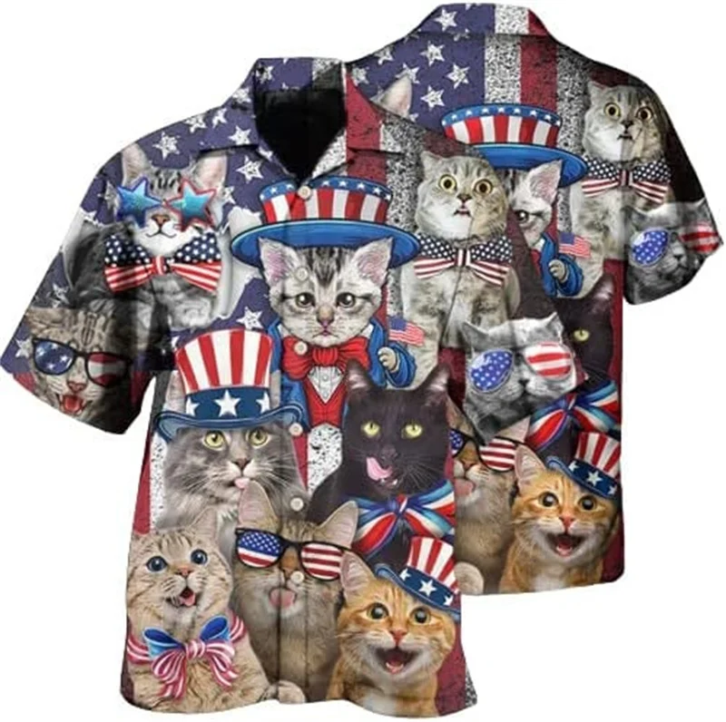 New Cats Love Independence Day Style Hawaii Shirts Men Women 3D Printed Hawaiian Shirts Kid Short Sleeve Tops Gift For Cat Lover