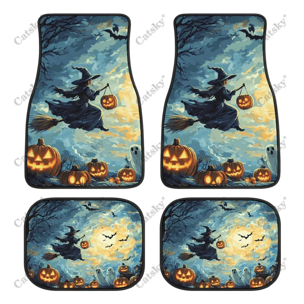 Halloween Pumpkin Ghost Car Floor Mats 4-piece Front Rear Carpet Stain-resistant Complete Set Suitable for SUV Truck Interior