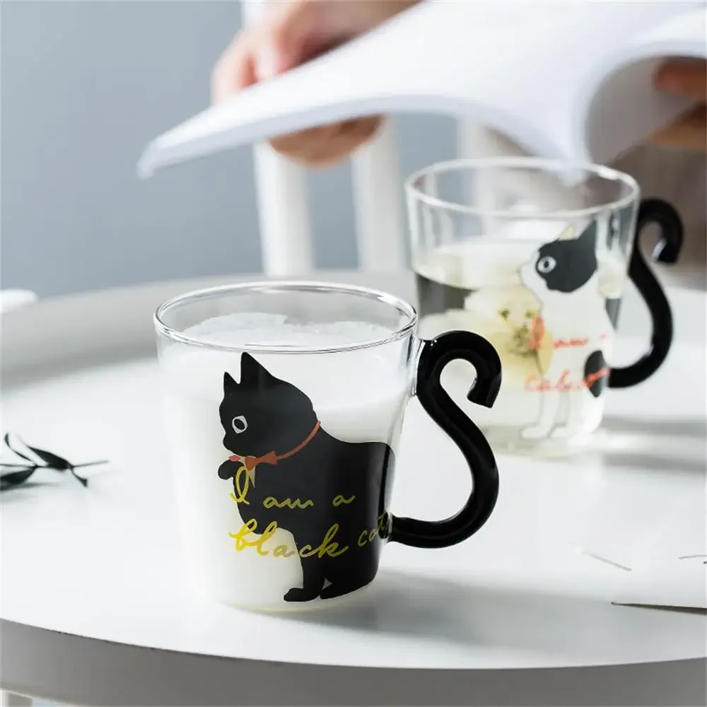 Creative Cat Glass Coffee Mug Cute Milk Tea Juice Water Glass Cup Heat Resistant Milk Tea Coffee Glass Mug With Handle Drinkware