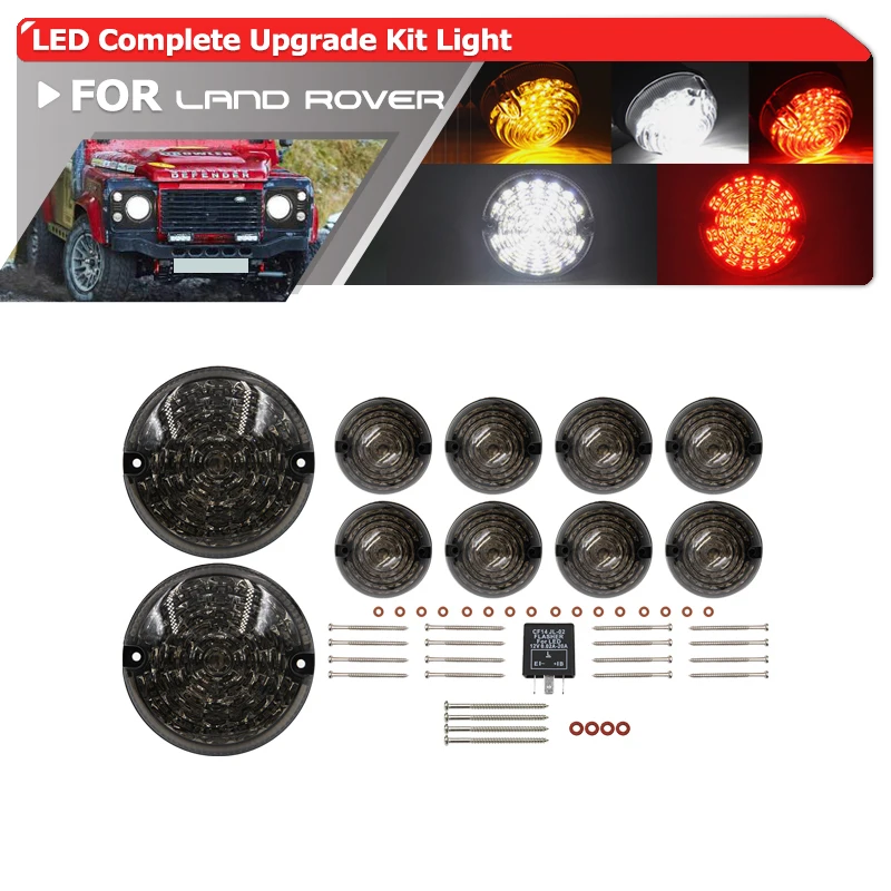 10PCs/Kit Smoke Lens Complete Led Lamp Upgrade Kit For Land Rover Defender 1990-2016 Front Rear Reverse Fog Side Lights