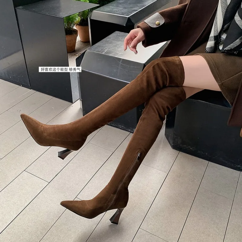 

2026 Sexy Thigh High Boots Women Stiletto Supper 7.5cm High-heeled Black Brown Long Botas Nightclub Stripper Shoes