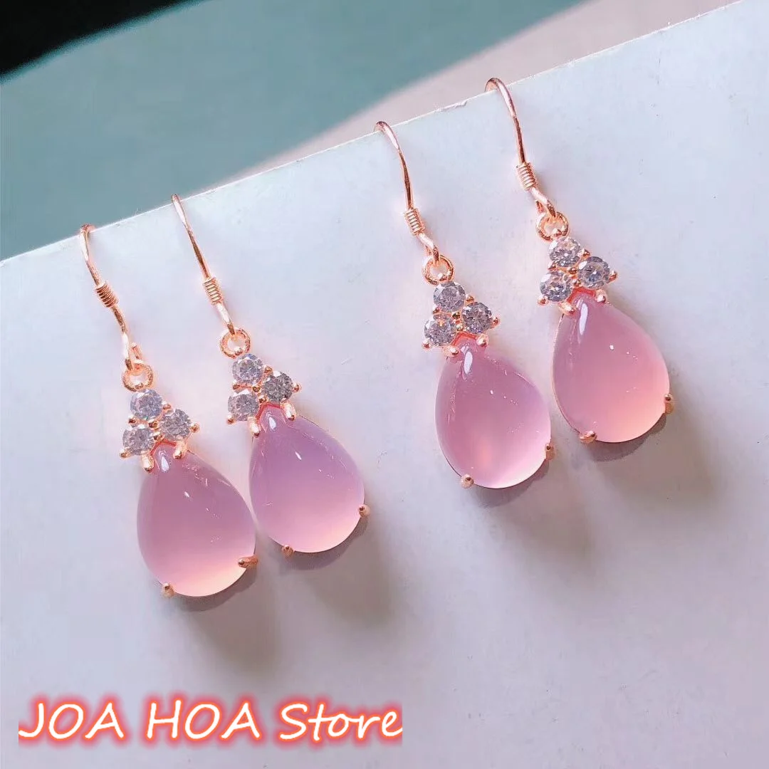 Natural Emerald Pink Green Red White Chalcedony Water Drop Ladies Rose Gold Sterling Silver 925 Jewelry Earrings