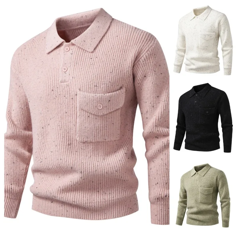

Men's Fashion Turn Down Collar Sticker Pocket Blend Long Sleeve Sweater Men Casual Solid Color Knitted Pullovers Mens Clothing