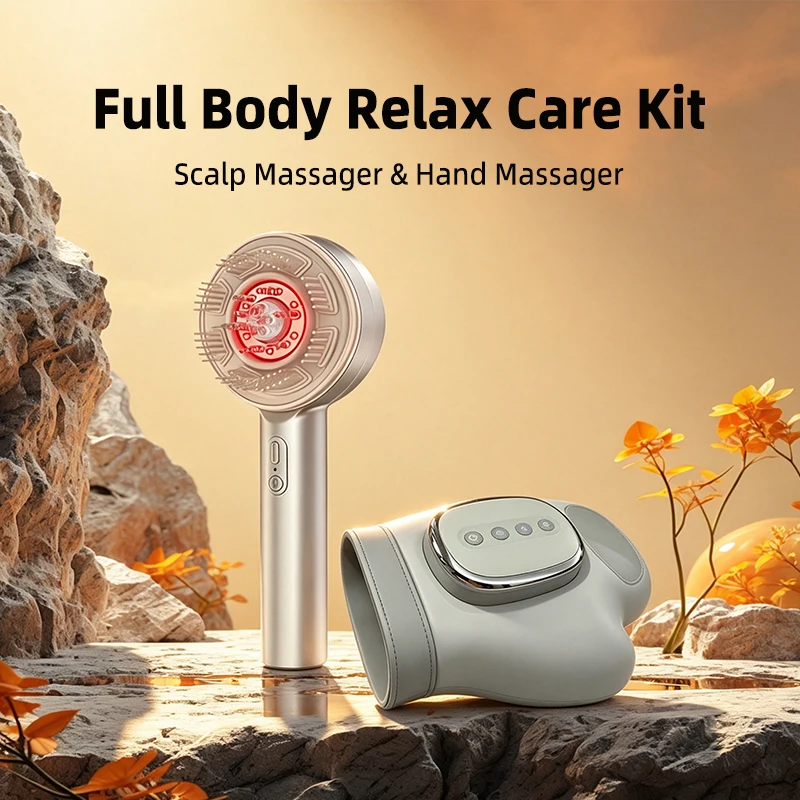 2-in-1 Hand Massager Red Light Scalp Massage Comb EMS Hot Compress Oil Applicator Wet Dry