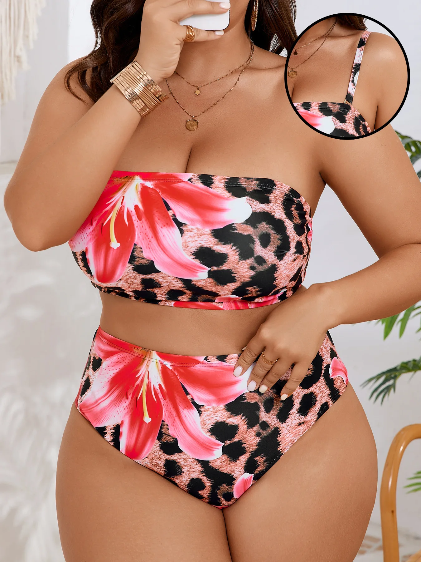Detachable Shoulder Strap 5XL Plus Size Two Piece Swimsuit Women Large Floral Print Bikini Split Swimwear