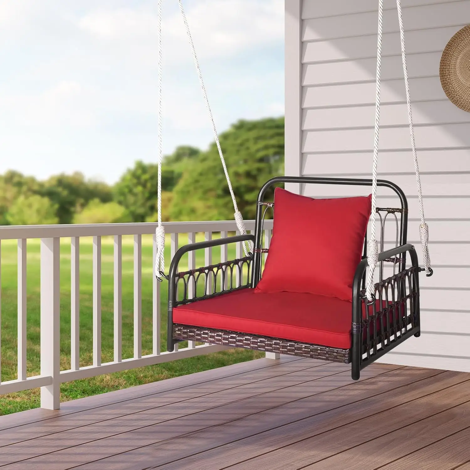 Single Person Outdoor Hanging Seat w/Back Cushion & Seat Cushion, Ropes, Porch PE Wicker Swing, Perfect for Garden, Deck