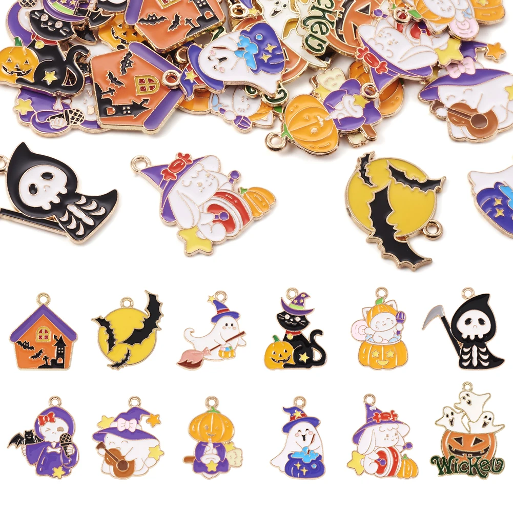 24Pcs Czaszka Duch Dynia Charms Halloween Motyw Stop Emalia Wisiorki Do Naszyjnika Bransoletka Ręcznie Robiona Biżuteria Tworzenie Ustalenia