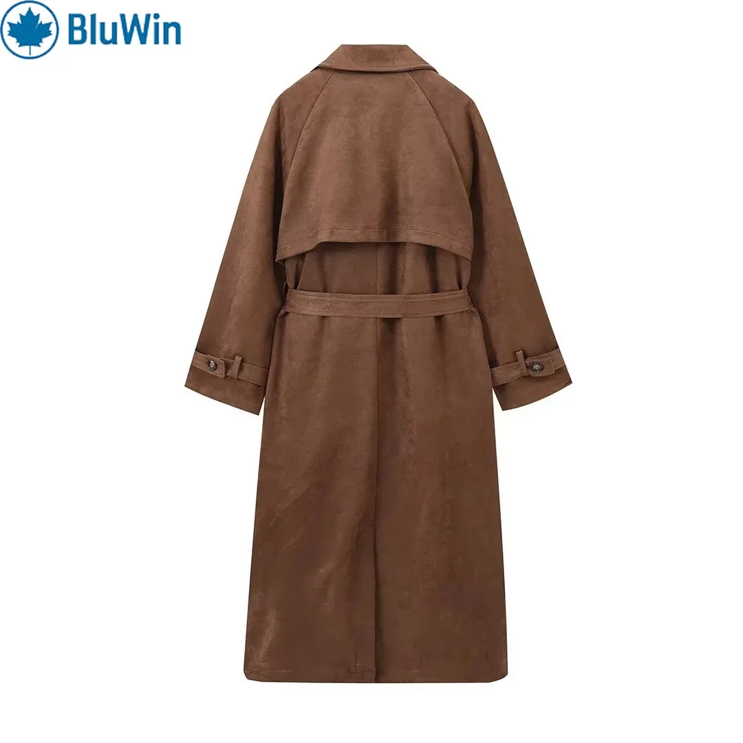 URBANCHIC Vintage-Trenchcoat für Damen – zweireihiger langer Mantel mit Gürtel, entspannte Passform, Herbst-Winter-Mantel