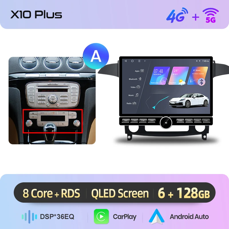 Junsun 13.1″ QLED draadloze CarPlay Android Auto autoradio voor Ford S-MAX 2007-2014, intelligente autosystemen, DSP, SWC, RDS, GPS, FM, BT