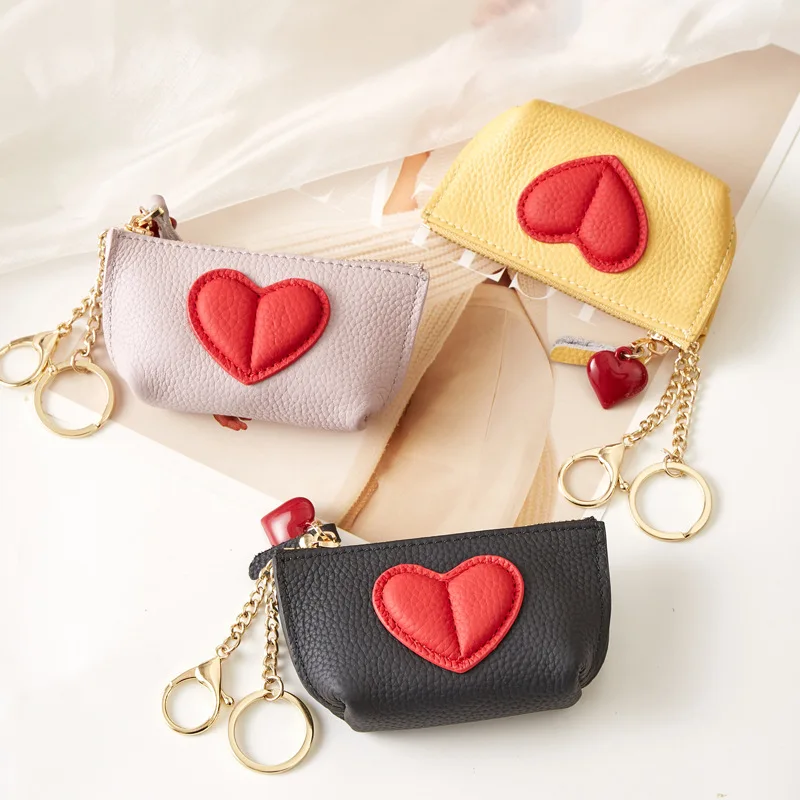 Top Layer Cowhide Zipper Heart Shaped Key Holder  Coin Purse Cute Ins Lipstick Bag Functional Small Bag for Men And Women