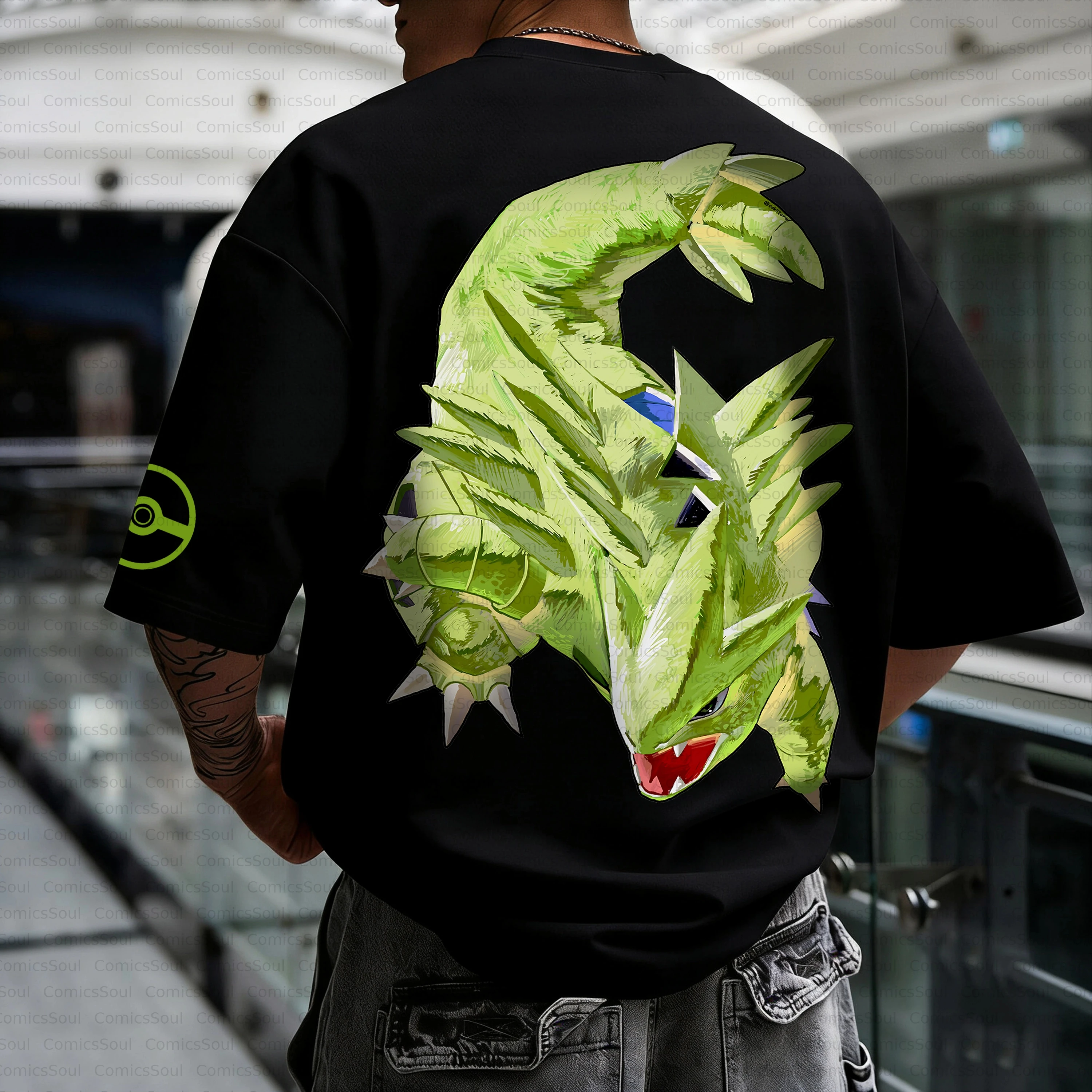 

Лето 2026, хлопковая футболка с аниме «Покемон», острые зубы, зеленый принт сзади и рукавами, круглый дизайн, свободная посадка для мужчин, повседневная