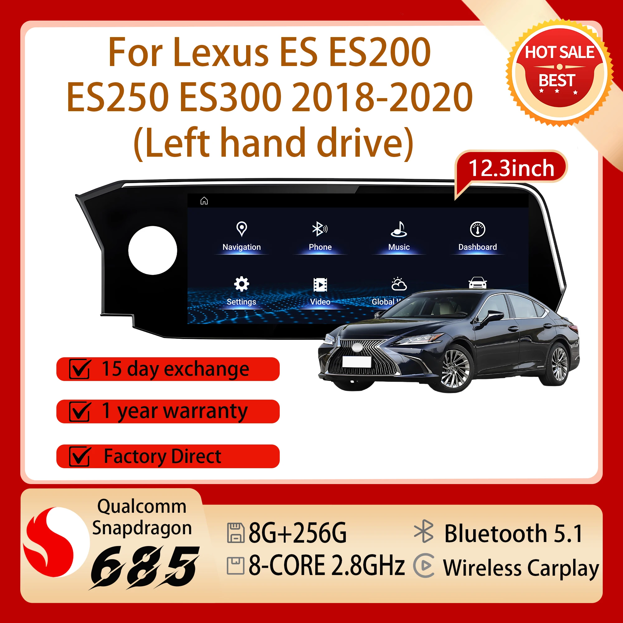 12.3 inch Android 14 Carplay Snapdragon 685 For Lexus ES ES200 ES250 ES300 2018-2020 Car Radio Multimedia Split Screen GPS Navi
